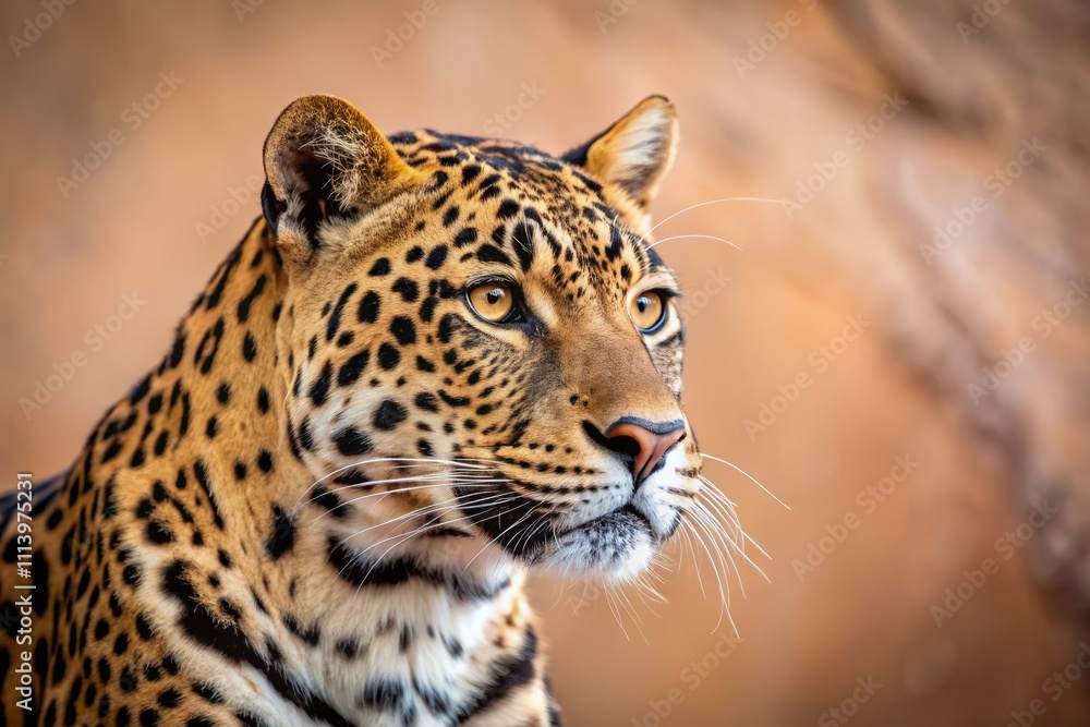 Majestic Leopard with a Bitten Ear Against a Soft Peach Fuzz Background, Inviting Focus on the Left Side of the Frame for Stunning Visual Appeal and Copy Space Majestic Leopard with a Bitten Ear Against a Soft Peach Fuzz Background, Inviting Focus on the Left Side of the Frame for Stunning Visual Appeal and Copy Space