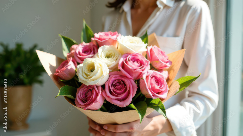 Woman holding bouquet of pink and white roses in sunlit room