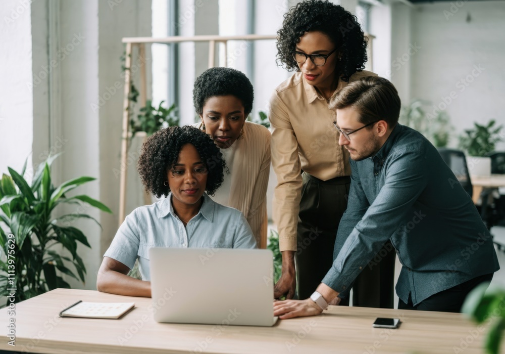 Diverse colleagues gather around laptop, engaging in teamwork and problem-solving within a contemporary workspace Diverse colleagues gather around laptop, engaging in teamwork and problem-solving within a contemporary workspace
