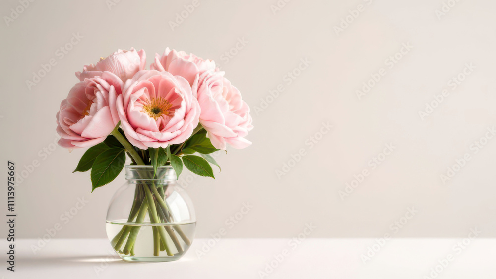Beautiful pink roses in glass vase with fresh green leaves on white surface Beautiful pink roses in glass vase with fresh green leaves on white surface