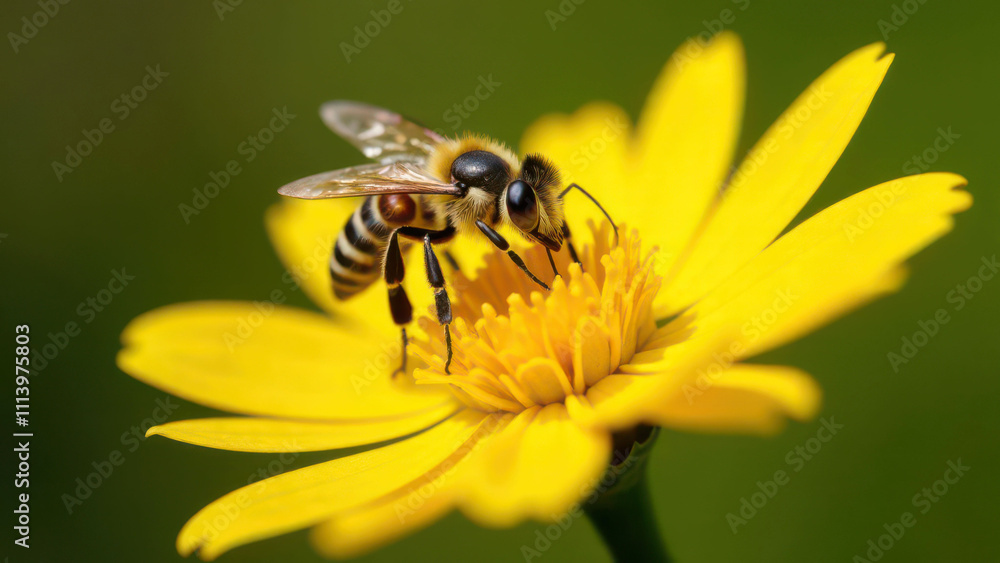 Honeybee collecting nectar from a vibrant yellow flower in a sunny garden scene Honeybee collecting nectar from a vibrant yellow flower in a sunny garden scene