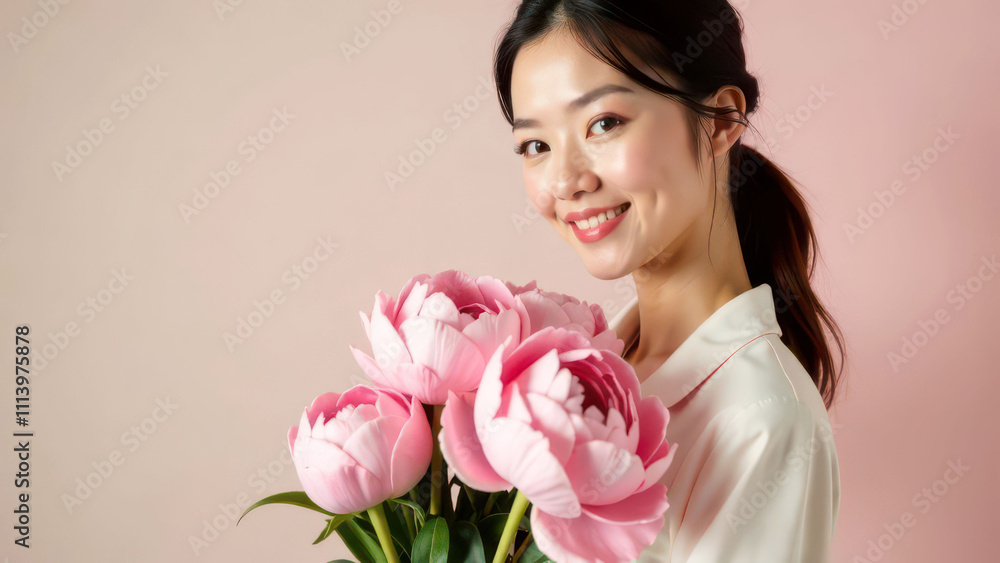 Smiling asian female young adult holding pink flowers Smiling asian female young adult holding pink flowers
