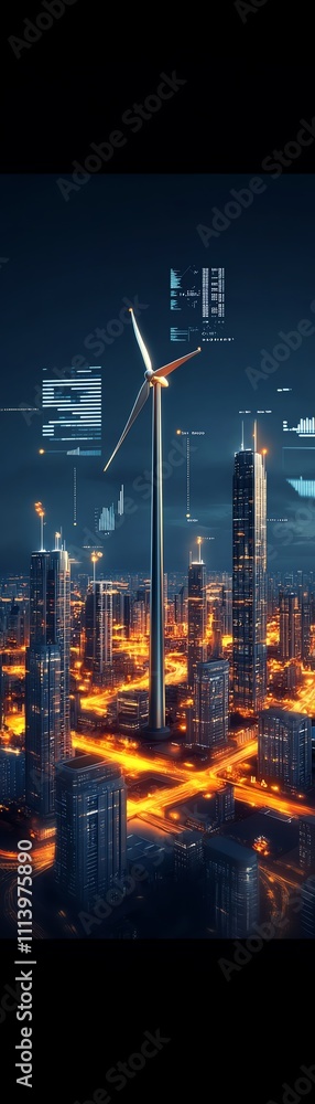 Fototapeta premium Futuristic cityscape with wind turbine and glowing digital interfaces at night.