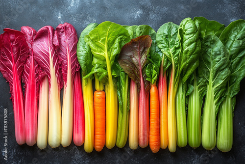 Rainbow of colorful vegetables arranged in a row photo