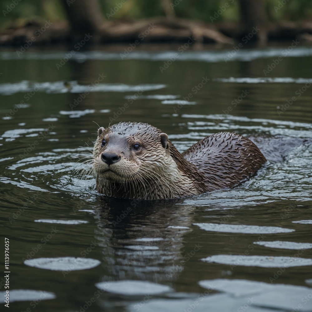 A playful otter swimming in a peaceful river with trees lining the banks. A playful otter swimming in a peaceful river with trees lining the banks.