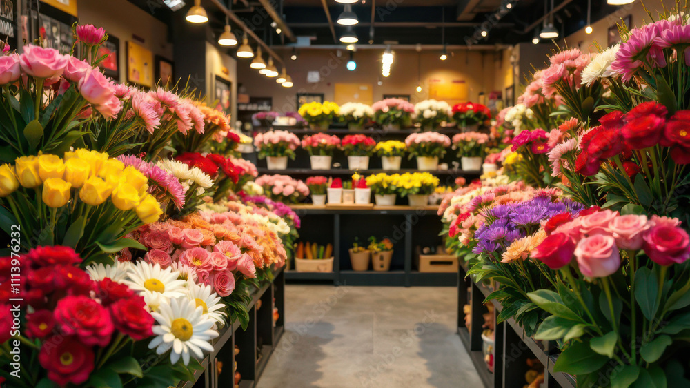 Fototapeta premium Vibrant flower shop display with colorful bouquets and various blooming arrangements