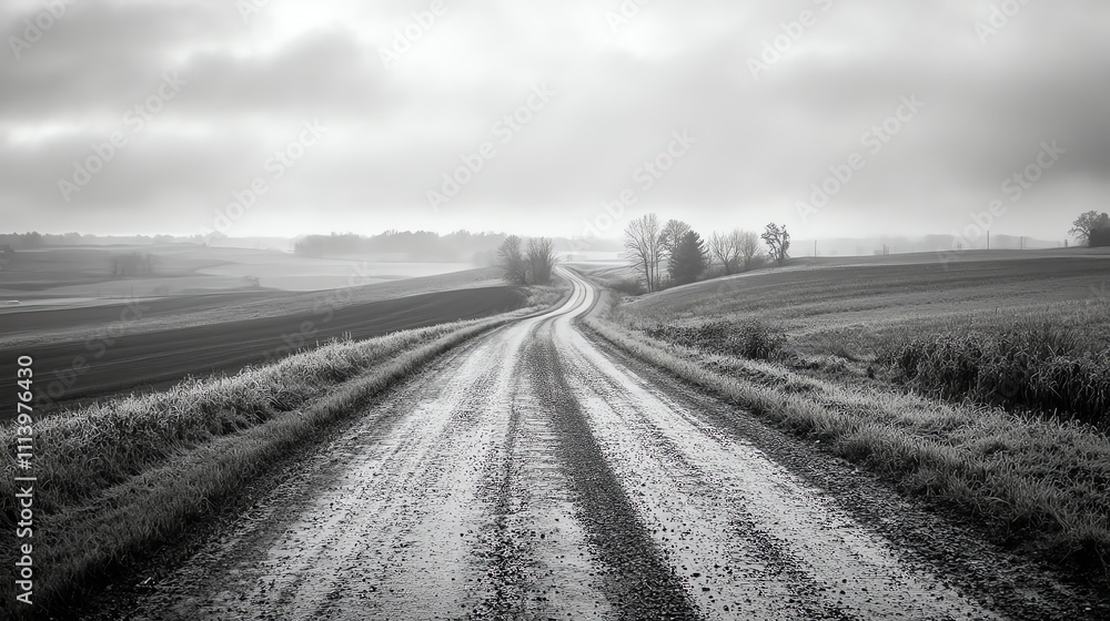Fototapeta premium A winding dirt road goes through a foggy field in black and white.