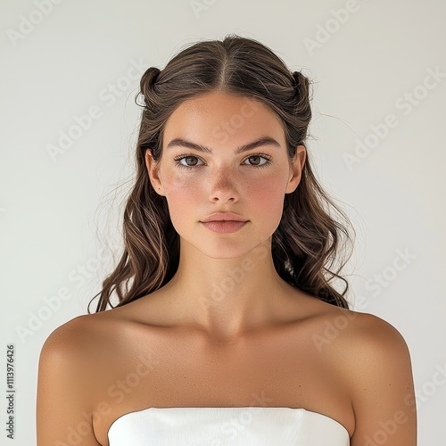 Wallpaper Mural Captivating Model with Stylish Dark Brown Curly Hair Posing against White Background Torontodigital.ca