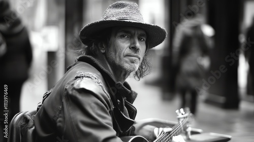 A street musician in black and white.