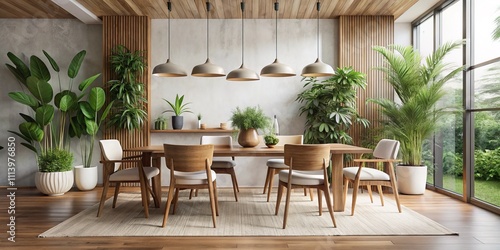 Minimalistic Japandi Dining Room with Wood Table and Potted Plants - Eco-Friendly Modern Interior Design for Food Photography and Naturalistic Background Banners