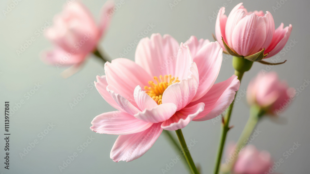 Close-up of beautiful pink cosmos flowers with delicate petals in bloom Close-up of beautiful pink cosmos flowers with delicate petals in bloom