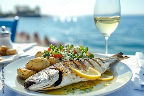 海を背景にしたグリル魚料理と白ワインの贅沢なランチ | Luxurious grilled fish dish with white wine and ocean view photo