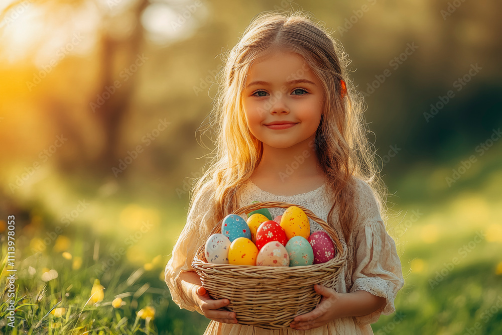 Joyful child celebrating easter with colorful egg basket in spring garden Joyful child celebrating easter with colorful egg basket in spring garden