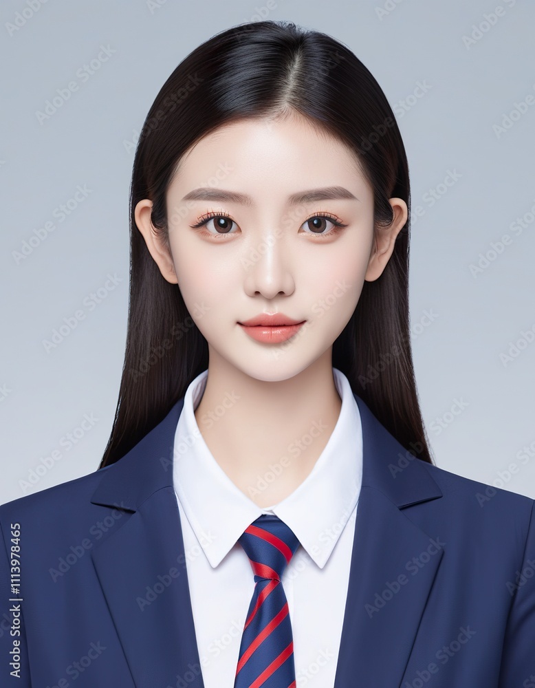 A young Asian woman with long dark hair, wearing a crisp white shirt and a tie, looks directly at the camera with a serious yet calm expression in a professional identification profile A young Asian woman with long dark hair, wearing a crisp white shirt and a tie, looks directly at the camera with a serious yet calm expression in a professional identification profile