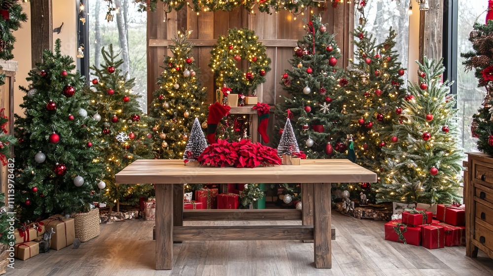 A wooden table sits amidst a festive scene adorned with Christmas trees. The warmth of the wood complements the vibrant hues of the holiday decorations, creating a cozy and inviting ambiance A wooden table sits amidst a festive scene adorned with Christmas trees. The warmth of the wood complements the vibrant hues of the holiday decorations, creating a cozy and inviting ambiance