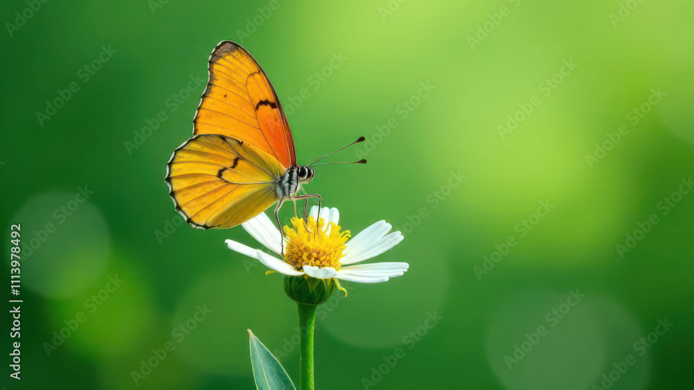 Orange butterfly on white daisy against vibrant green background Orange butterfly on white daisy against vibrant green background