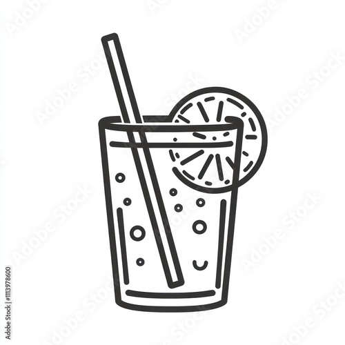 Line art illustration of a refreshing glass of iced beverage with lemon slice and straw.