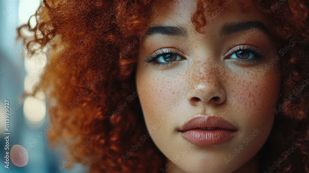 Portrait of smiling young woman with frizzy curly hair showing white teeth outdoor Portrait of smiling young woman with frizzy curly hair showing white teeth outdoor