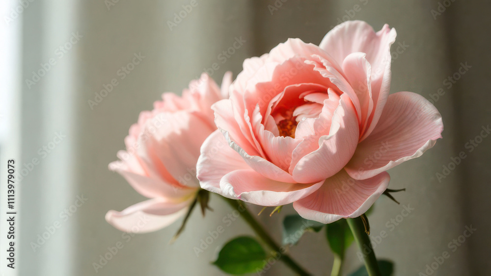 Elegant pink roses in soft daylight against a neutral background Elegant pink roses in soft daylight against a neutral background