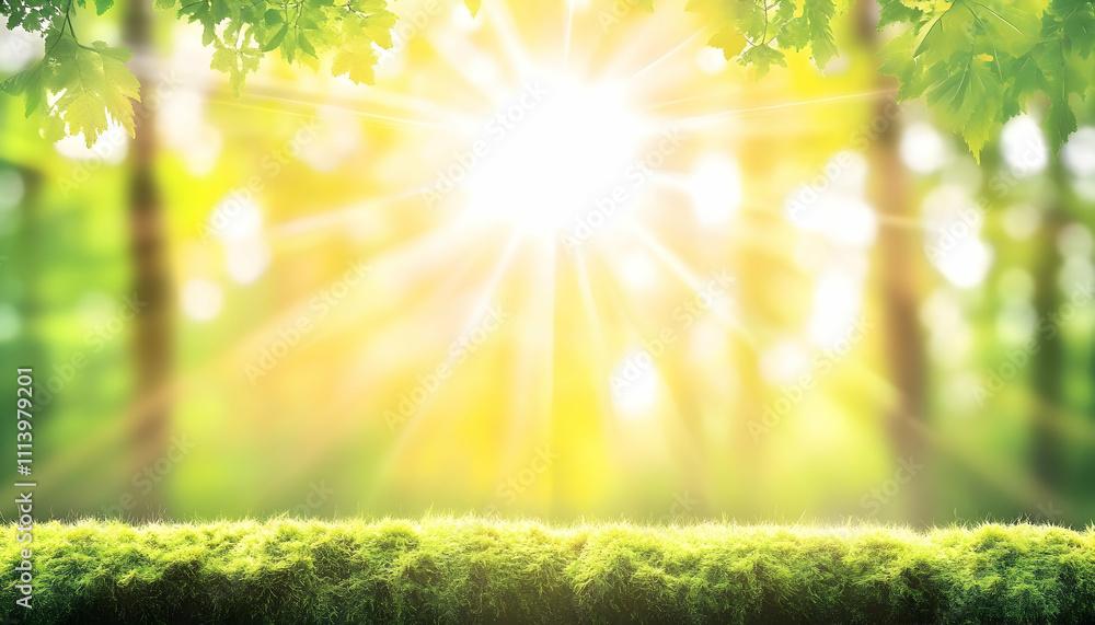 Obraz premium Sunbeams burst through lush green forest canopy, illuminating vibrant moss in foreground; idyllic nature scene.