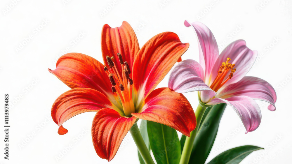 Vibrant red and pink lilies against a soft white background Vibrant red and pink lilies against a soft white background