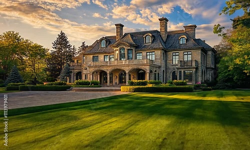 A grand mansion surrounded by lush greenery and a vibrant sunset sky.
