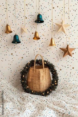 hyper realistic photo of  Merry Christmas and Happy holidays! Modern christmas wreath and swedish paper stars hanging on white wall background photo