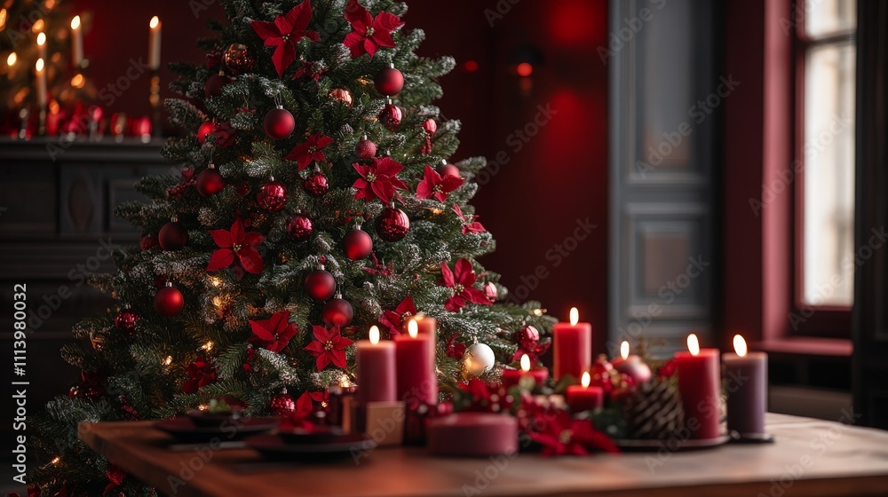 Luxurious Red Christmas Tree with Festive Ornaments Luxurious Red Christmas Tree with Festive Ornaments