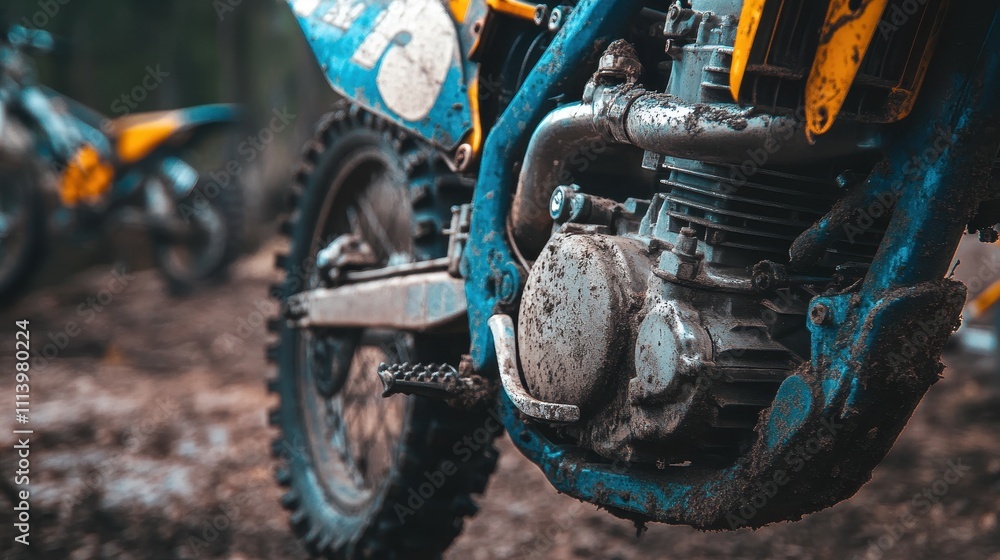 Mud-caked motocross bike engine close-up. Illustrates rugged off-road riding and power. Mud-caked motocross bike engine close-up. Illustrates rugged off-road riding and power.