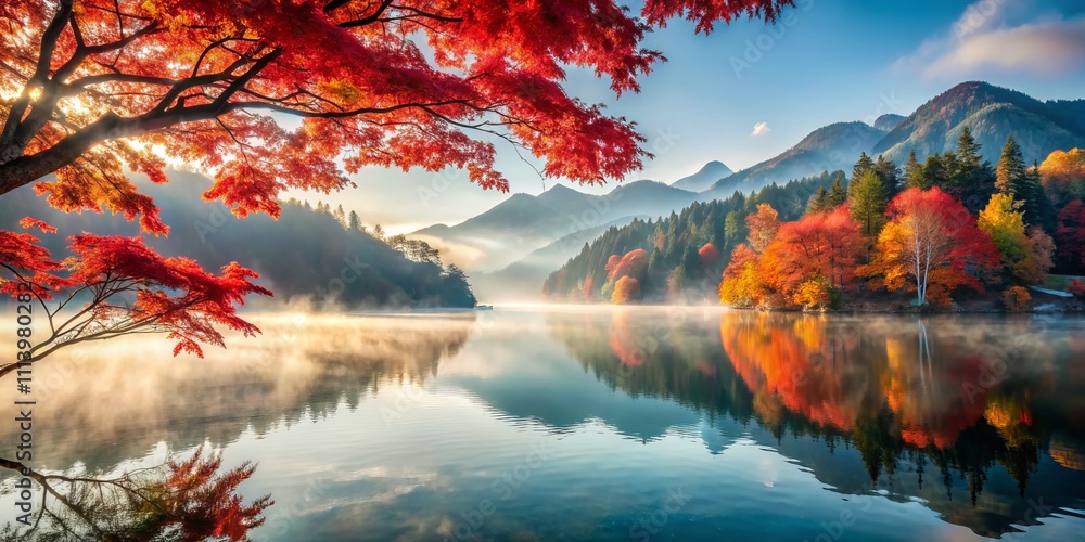 Serene Autumn Landscape with Misty Lake and Majestic Mountains Reflecting Red-Leaved Tree in Foreground - Perfect for Tranquil Nature Themes and Product Photography Serene Autumn Landscape with Misty Lake and Majestic Mountains Reflecting Red-Leaved Tree in Foreground - Perfect for Tranquil Nature Themes and Product Photography