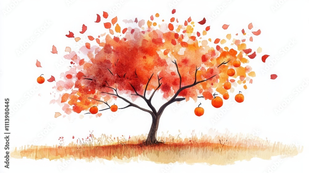 Fototapeta premium Autumn Tree with Falling Leaves and Fruits
