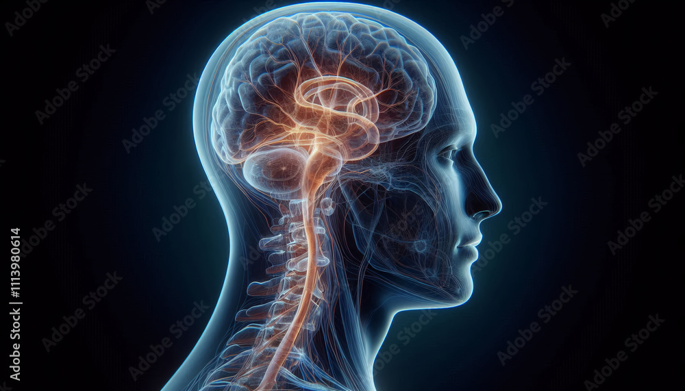 A side view of a transparent human head with internal brain and nerves visible, rendered in a scientific and futuristic art style. A side view of a transparent human head with internal brain and nerves visible, rendered in a scientific and futuristic art style.
