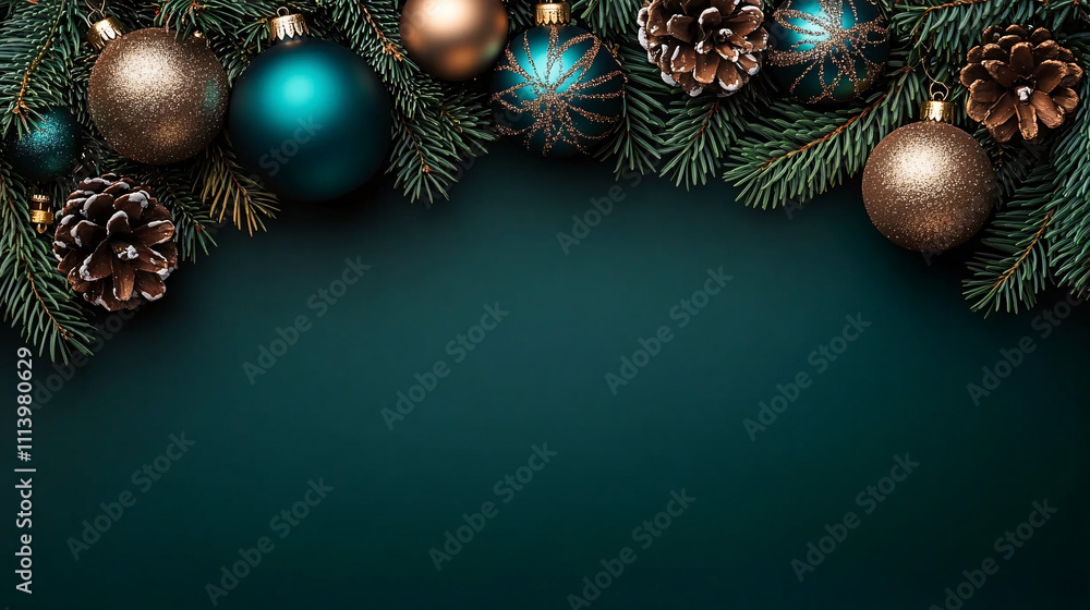 Stylish Christmas composition featuring teal and gold ornaments with evergreen branches and pinecones, perfect for holiday cards, invitations, or festive promotions. Stylish Christmas composition featuring teal and gold ornaments with evergreen branches and pinecones, perfect for holiday cards, invitations, or festive promotions.