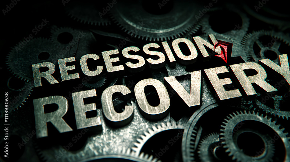 Fototapeta premium Recession and recovery concept image showcasing metallic gears and words. Illustrates economic downturn and subsequent growth.