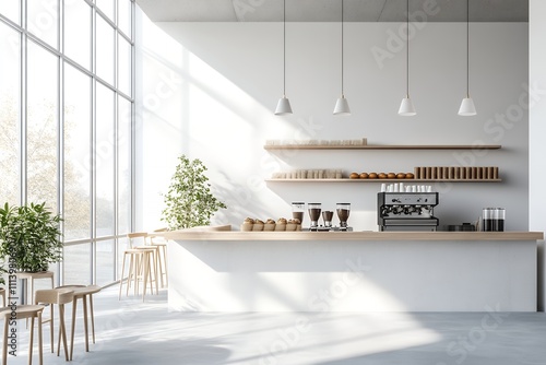 自然光が差し込むミニマルで洗練されたカフェカウンター | Minimal and refined café counter with natural light