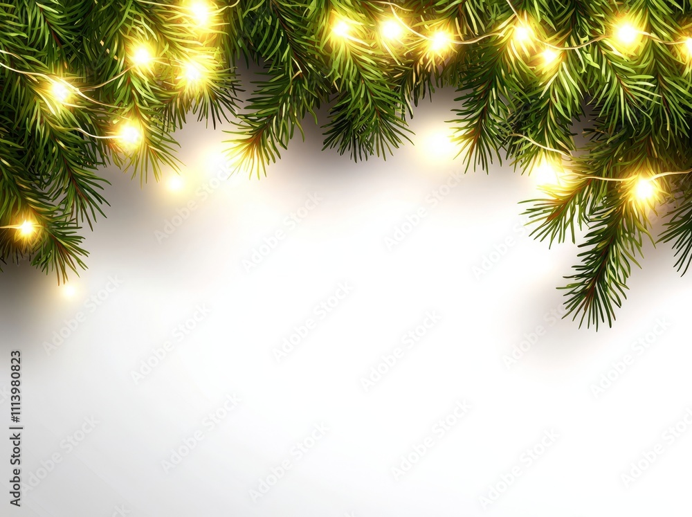 A Christmas wreath adorned with luminous holiday lights, decorated Christmas tree, and a festive fir tree garland. A realistic spruce branch frame for the winter holiday season, featuring a A Christmas wreath adorned with luminous holiday lights, decorated Christmas tree, and a festive fir tree garland. A realistic spruce branch frame for the winter holiday season, featuring a