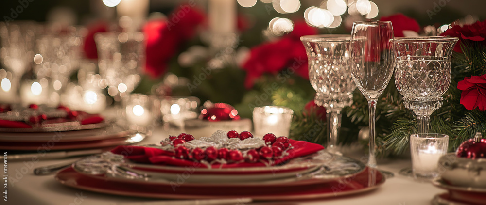 Naklejka premium A beautifully set Christmas table with red and silver decorations,