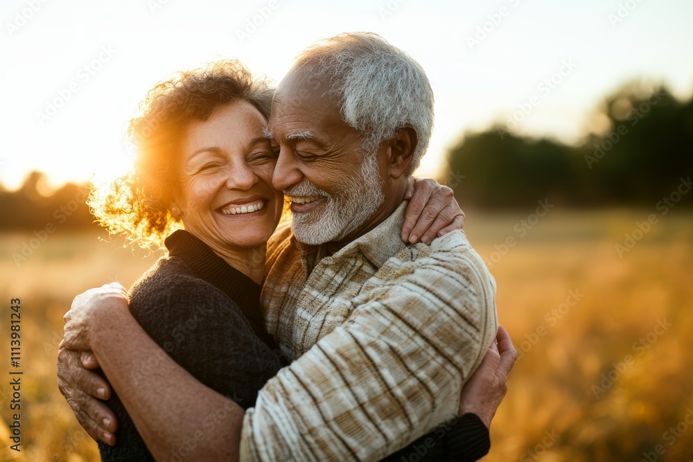 Fototapeta premium Smiling senior couple embracing outdoors at sunset