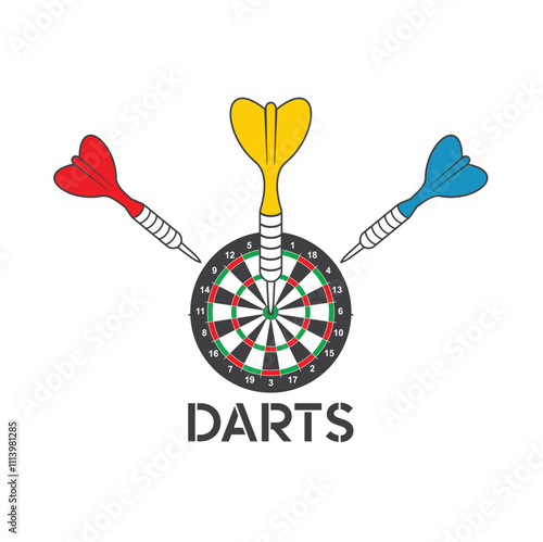 illustration of darts, a precision sports game involving throwing darts at a circular target board.