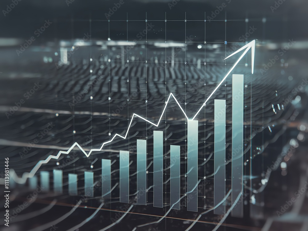 Naklejka premium Futuristic financial graph showing upward trend in a digital landscape.