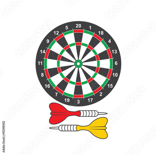 illustration of darts, a precision sports game involving throwing darts at a circular target board.