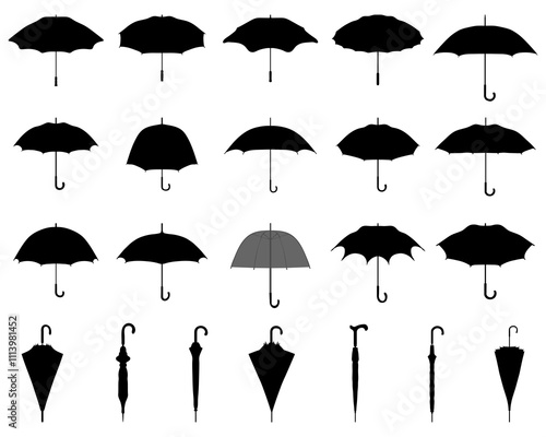 Black silhouettes of open and closed umbrellas on a white background	