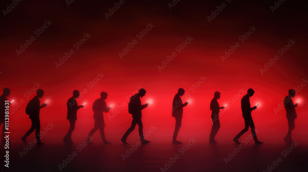 Brain rot concept. a silhouetted group of people walking in unison while fixated on their glowing phones. Brain rot concept. a silhouetted group of people walking in unison while fixated on their glowing phones.