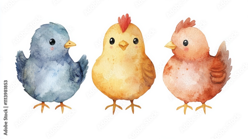 Fototapeta premium Whimsical Watercolor Chickens Illustration