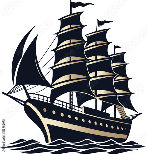 Explorer Navigator Ship (Vector) . A glowing retro style royal ship vector silhouette illustration.