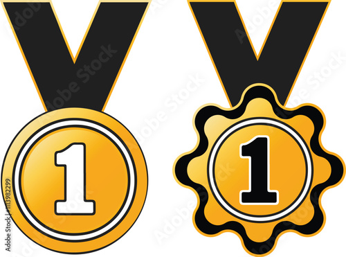 A glowing yellow medal with the number 1 , Gold medal award for first place. Winners reward. A Number one 1 badge for champion. 1st prize medallion for achievement. 