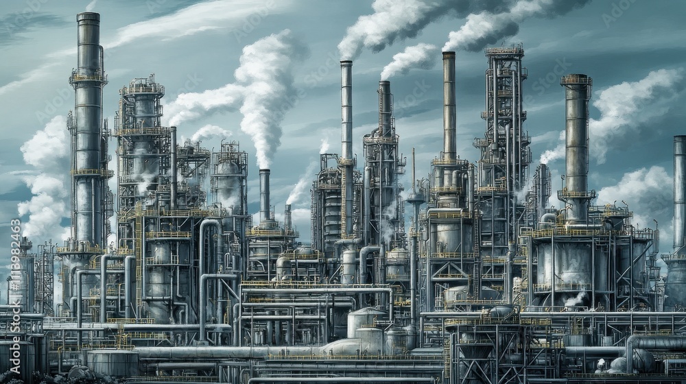 Towering Industrial Refinery Landscape with Billowing Smoke Stacks Towering Industrial Refinery Landscape with Billowing Smoke Stacks