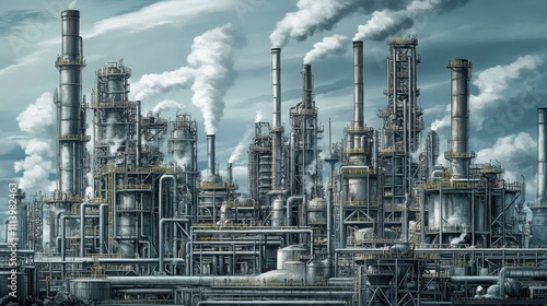 Towering Industrial Refinery Landscape with Billowing Smoke Stacks