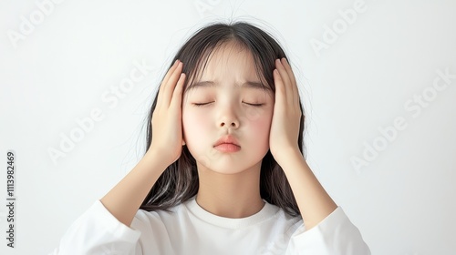 Stressed Asian Woman with Closed Eyes Expressing and Difficulty