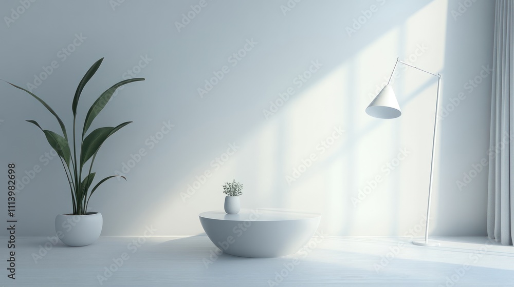 Fototapeta premium Minimalist White Room Decor With Plants And Lamp